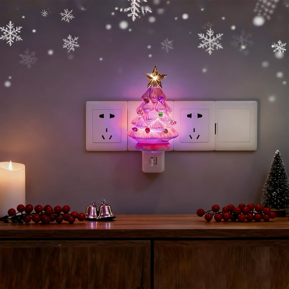 3.6" Christmas Tree Night Lights Indoor, Pink Christmas Decorations LED Lights, 360 Degree Swivel Plug with Switch Xmas Tree Night Lights, Cute Bedroom Christmas Ornaments Gifts for Boys Girls