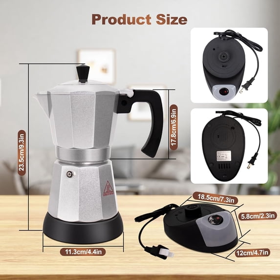3-6 Cup Electric Aluminum Moka Pot, 150-270ml Espresso Maker with 3 Cup ...