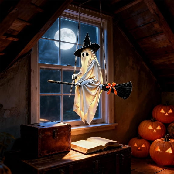 3.6 FT Hanging Ghost Decor,Early Halloween Decorations Light-Up Flying Ghost on Broomstick with Witch Hat, Witch Broom, Spooky Cute Outdoor Halloween Decorations for Front Porch Yard Tree