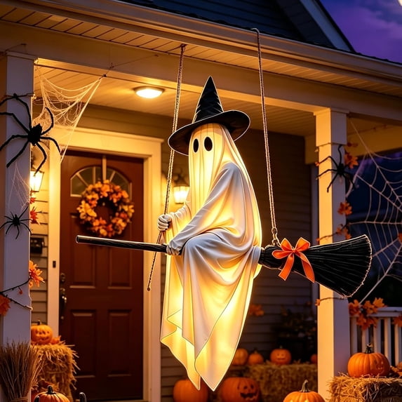 3.6 FT Hanging Ghost Decor,Early Halloween Decorations Light-Up Flying Ghost on Broomstick with Witch Hat, Witch Broom, Spooky Cute Outdoor Halloween Decorations for Front Porch Yard Tree(Light)