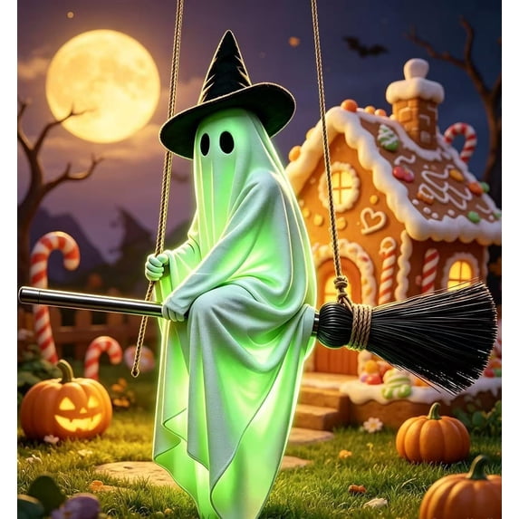 3.6 FT Hanging Ghost Decor,Early Halloween Decorations Light-Up Flying Ghost on Broomstick with Witch Hat, Witch Broom, Spooky Cute Outdoor Halloween Decorations for Front Porch Yard Tree(Green)