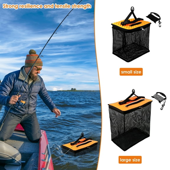 3.6 Gallons Foldable Floating Fishing Basket for Live Caught Fish, Floatable Fishing Net Basket, Heavy Duty Coated Portable Fish Basket with 5 Meters Rope for Fisherman and Fishing Enthusiast