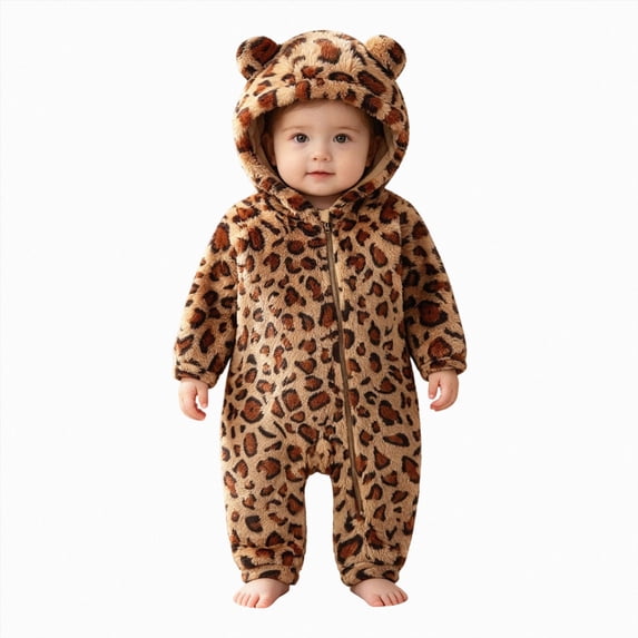 3-6 Months Baby Boys Girls Jumpsuit Fuzzy Fleece Leopard Print Hooded