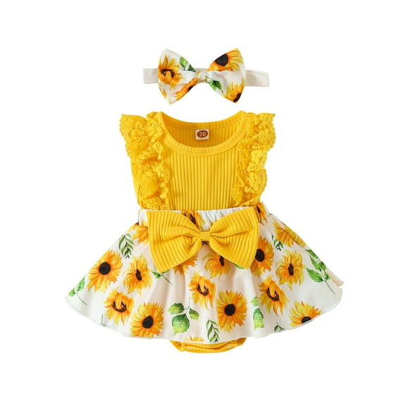 3-6 Months Baby Girl Clothes Romper Dress Ruffle Sleeveless Summer Outfits with Headband Girls' Round Neck Sleeveless Stripe Lace Patchwork Flower Print Jumpsuit Yellow