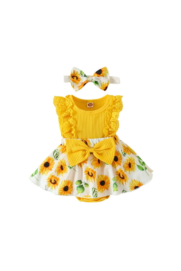 3-6 Months Baby Girl Clothes Romper Dress Ruffle Sleeveless Summer Outfits with Headband Girls' Round Neck Sleeveless Stripe Lace Patchwork Flower Print Jumpsuit Yellow