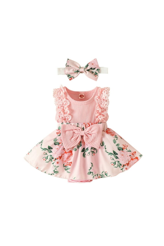 3-6 Months Baby Girl Clothes Newborn Romper Dress Infant Ruffle Sleeveless Summer Outfits with Headband Girls' Round Neck Sleeveless Stripe Lace Patchwork Flower Print Jumpsuit Pink