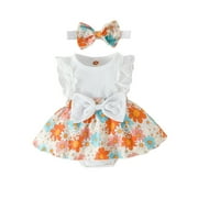 FAKKDUK 3-6 Months Baby Girl Clothes Romper Dress Ruffle Sleeveless Summer Outfits with Headband Girls' Round Neck Sleeveless Stripe Lace Patchwork Flower Print Jumpsuit White