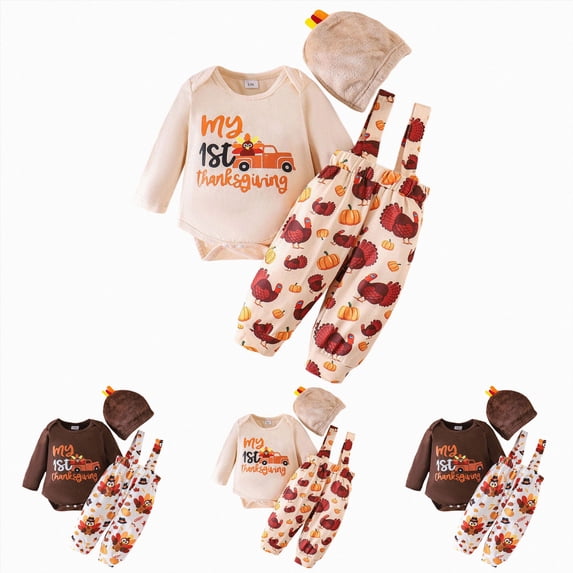 3-6 Months Newborn Baby Thanksgiving Outfit Turkey Romper+Suspender Pants My 1st Thanksgiving Clothes One-Piece Jumpsuit Newborn Gift