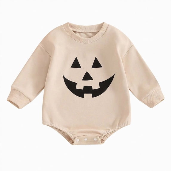 3-6 Months Newborn Boy's Halloween Long Sleeved Triangle Hoodie With Pumpkin Print Coverall And Pajama Set Beige
