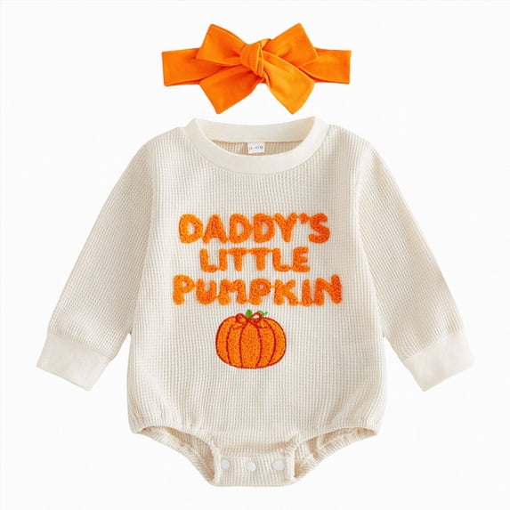 3-6 Months Newborn Preemie Boys Girls Pajamas Rompers Home Clothes My First Halloween Pumpkin Romper Fall Set Daddy's Jumpsuit Long Sleeve Crewneck With Headhand Beige Bodysuit Baby Gift