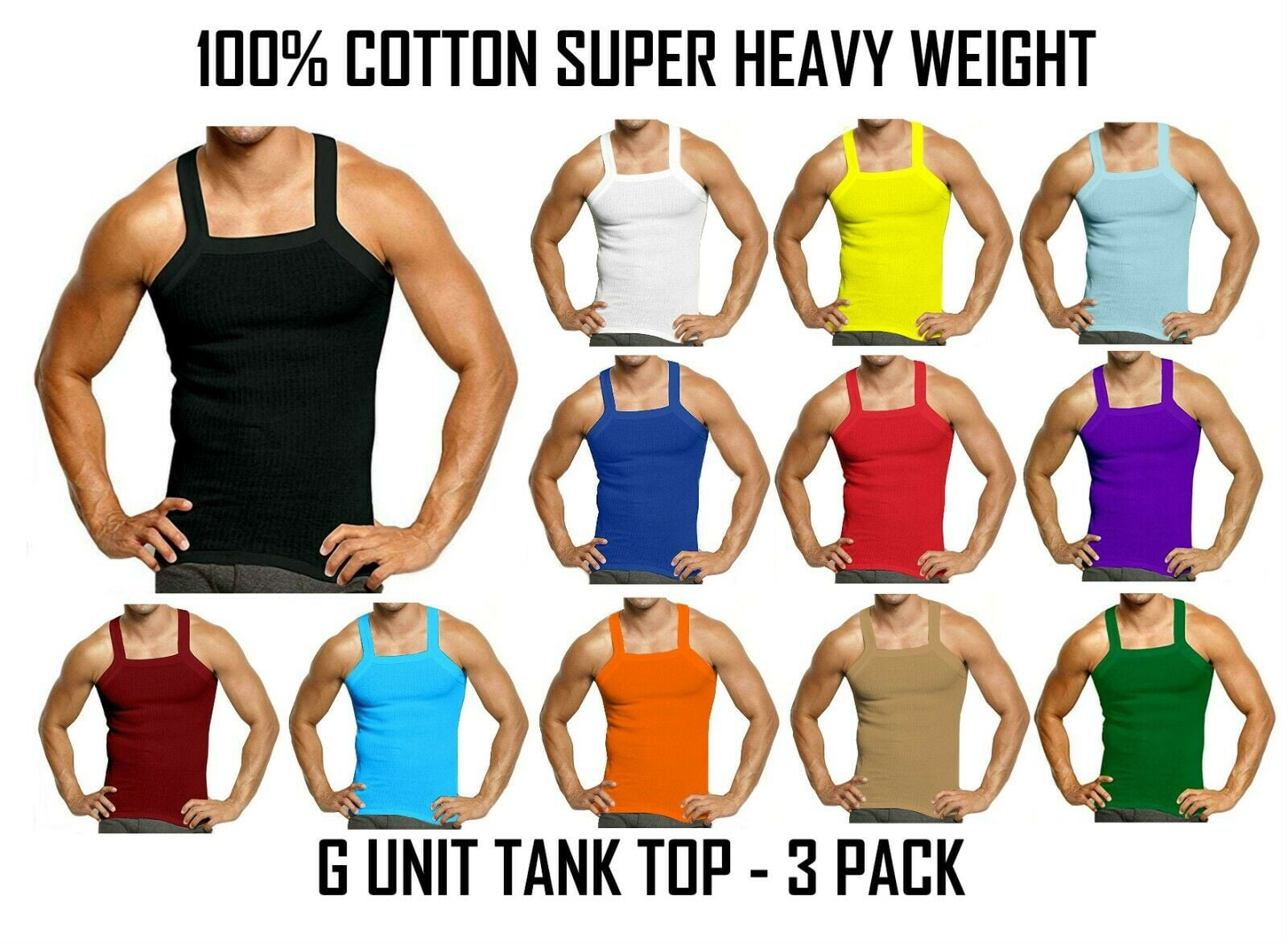 Men's 3 Pack Tank Top A Shirt–100% Cotton Ribbed Undershirt Tee–Assorted &  Sleeveless (Royal Blue, X-Large) 