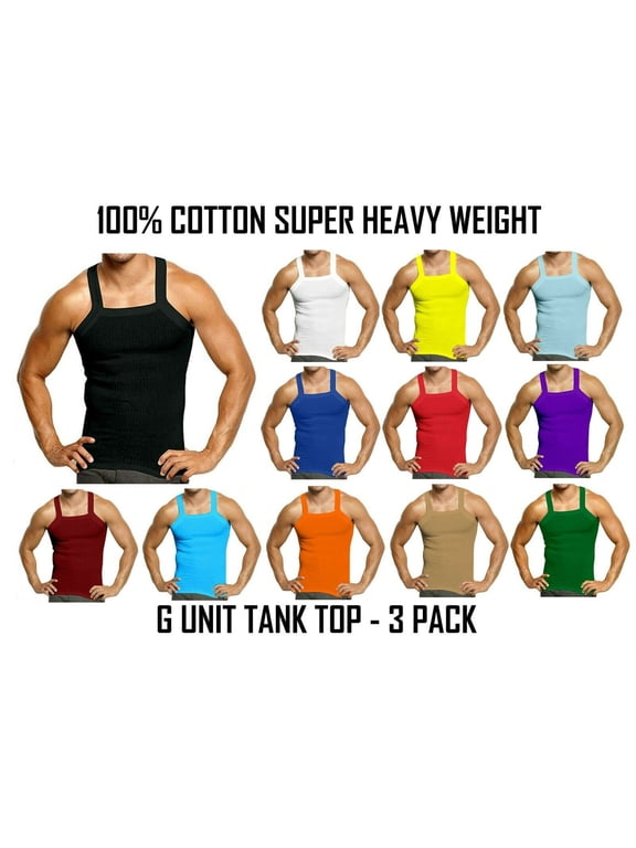 3-6 Packs Men's G-unit Style Cotton Tank Tops Square Cut Muscle Rib A-Shirts Assorted Colors (3 Pack, Small)