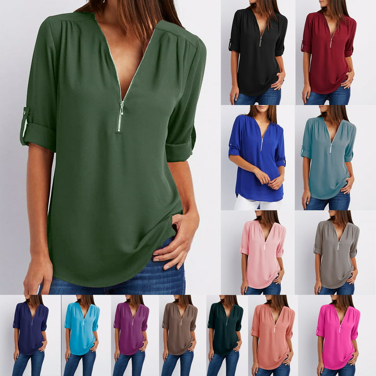 3-6 Packs Women Chiffon V-Neck Zipper T Shirt Loose Casual Blouse Short  Sleeve Tunic Tops Assorted Color (4Xl, 3 Pack)