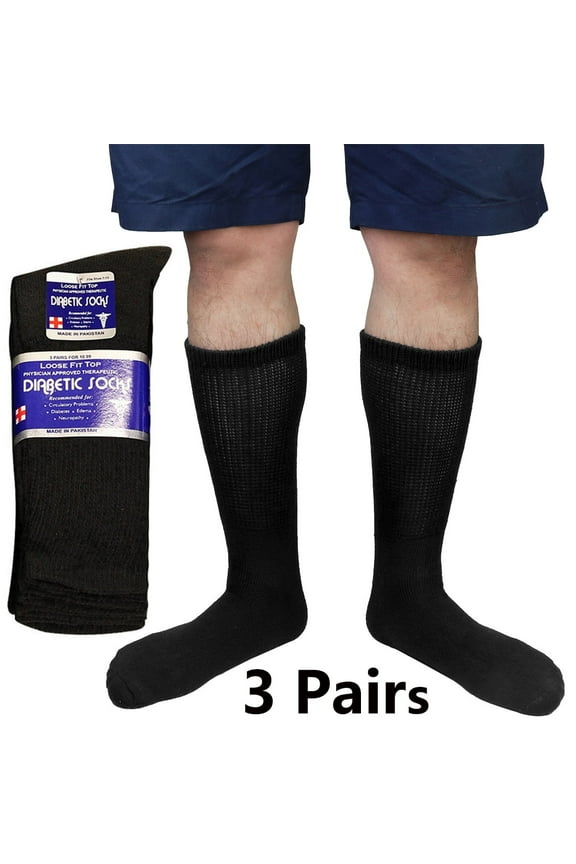 3/6 Pairs Men Women Physicians Approved Diabetic Crew Socks Cotton Loose Fitting Non Binding Top Comfortable Wear 10-13 Black 3-Pack