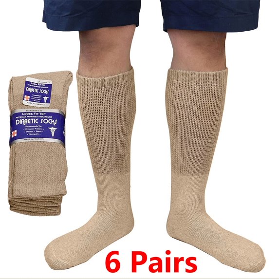 3/6 Pairs Men Women Physicians Approved Diabetic Crew Socks Cotton Loose Fitting Non Binding Top Comfortable Wear 10-13 Khaki 6-Pack