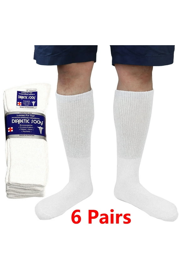 3/6 Pairs Men Women Physicians Approved Diabetic Crew Socks Cotton Loose Fitting Non Binding Top Comfortable Wear 10-13 White 6-Pack