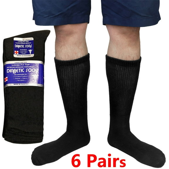 3/6 Pairs Men Women Physicians Approved Diabetic Crew Socks Cotton Loose Fitting Non Binding Top Comfortable Wear 13-15 Black 6-Pack