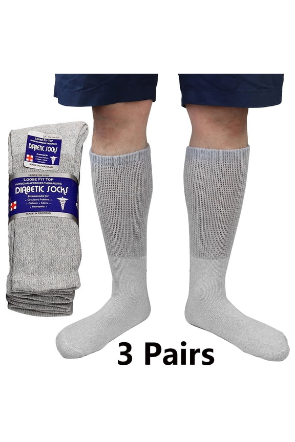 3/6 Pairs Men Women Physicians Approved Diabetic Crew Socks Cotton Loose Fitting Non Binding Top Comfortable Wear 13-15 Grey 3-Pack