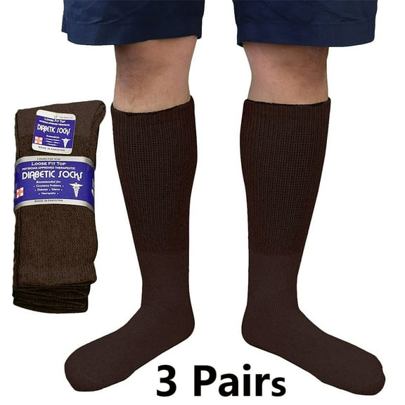 3/6 Pairs Men Women Physicians Approved Diabetic Crew Socks Cotton Loose Fitting Non Binding Top Comfortable Wear 9-11 Brown 3-Pack