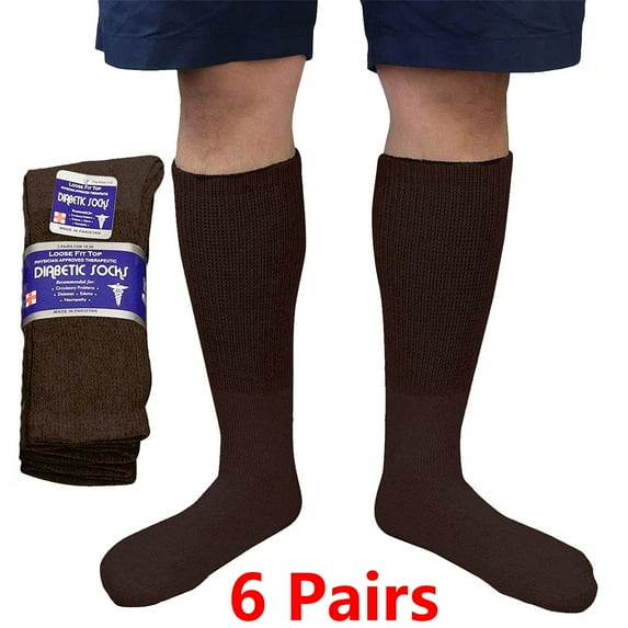 3/6 Pairs Men Women Physicians Approved Diabetic Crew Socks Cotton Loose Fitting Non Binding Top Comfortable Wear 9-11 Brown 6-Pack