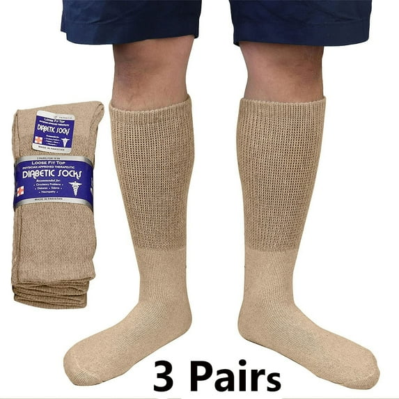 3/6 Pairs Men Women Physicians Approved Diabetic Crew Socks Cotton Loose Fitting Non Binding Top Comfortable Wear 9-11 Khaki 3-Pack