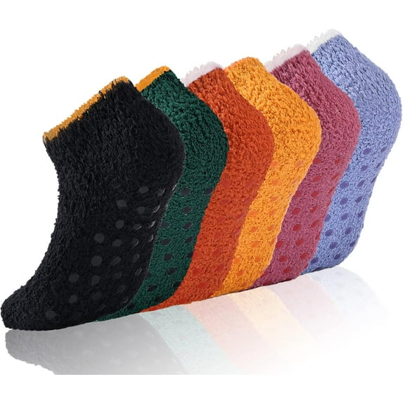 3/6 Pairs Non Slip Hospital Socks for Women Fluffy Fuzzy Slipper Socks with Grips