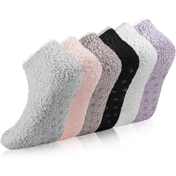 3/6 Pairs Non Slip Hospital Socks for Women Fluffy Fuzzy Slipper Socks with Grips
