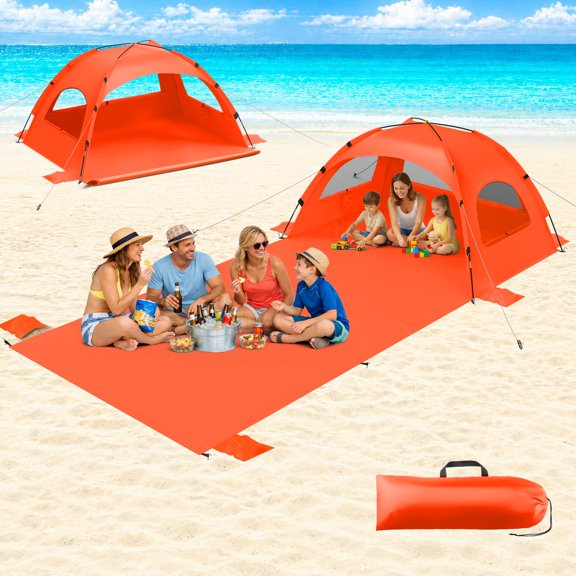 3-6 Person Beach Tent Sun Shelter with 114x82 Inch Extended Mat, UPF 50+ UV Protection, Easy Setup Beach Shade Canopy, Portable Camping Sun Shelter with 3 Mesh Windows for Family Picnics and Fishing