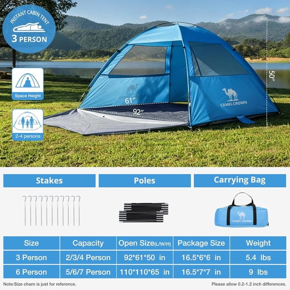 3/6 Person Camping Tent, Waterproof Windproof Easy Setup, Silver-Coated Fabric with UPF Sun Protection,Portable Family Tent with 2 Mesh Windows & 2 Doors for Outdoor Hiking