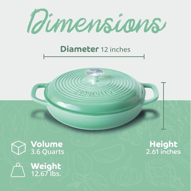 3.6 QT Light Green Enameled Cast Iron Braiser Pan with Lid, Oven Safe Cookware