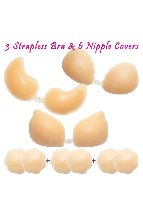 3+6 Silicone Bra, Women's Strapless Push Up Invisible Sticky Bra Silicone Reusable Self Adhesive Backless Bra with Flower Nipple Covers