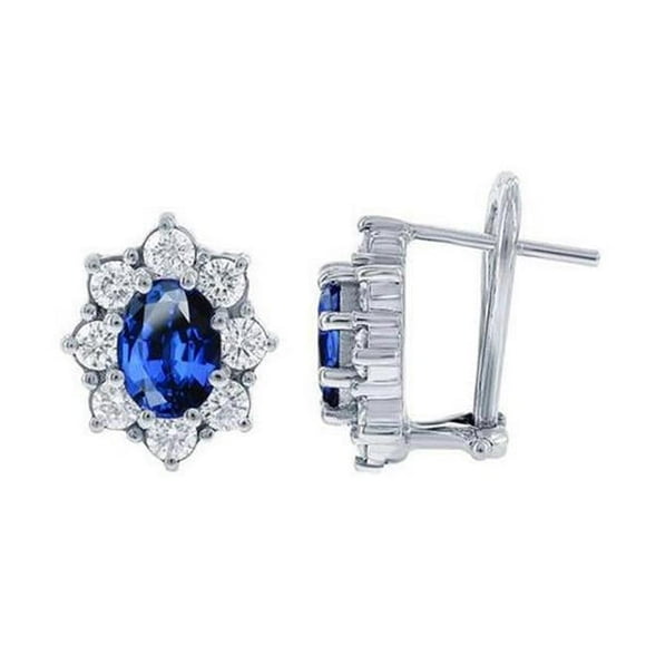 3.60 CT Ceylon Blue Sapphire Diamond Cluster Studs, 14K White Gold