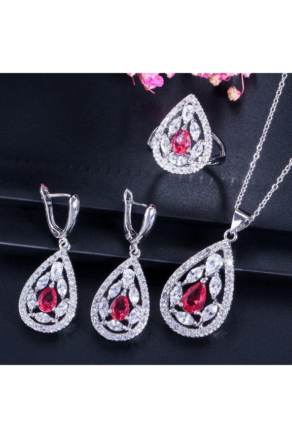 3.60Ct Pear Cut Simulated Red Ruby Women's Birthday Gift Mix Jewelry Set 14K White Gold Plated 18"