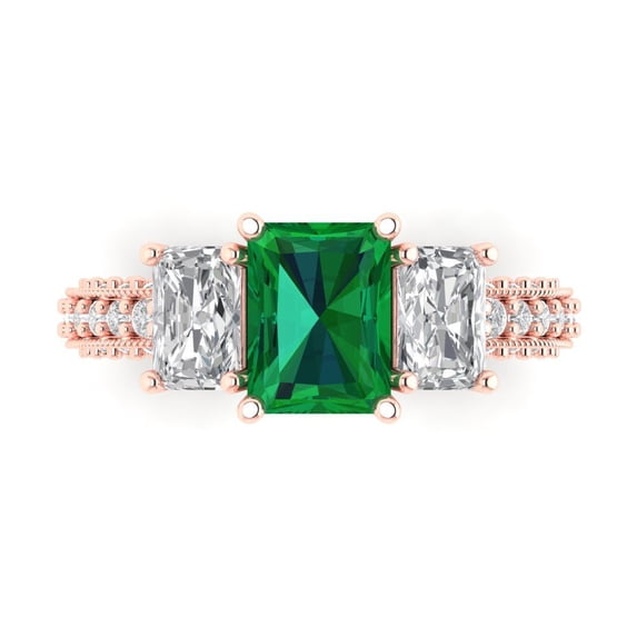 Three-Stone Engagement Ring for Women - 3.61ct Simulated Emerald in 14K Rose Gold Promise Ring
