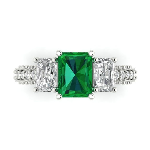 Three-Stone Engagement Ring for Women - 3.61ct Simulated Emerald in 14K White Gold Promise Ring