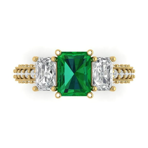Three-Stone Engagement Ring for Women - 3.61ct Simulated Emerald in 14K Yellow Gold Promise Ring