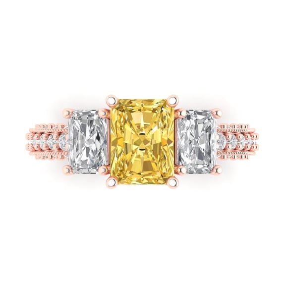 Three-Stone Engagement Ring for Women - 3.61ct Simulated Yellow Diamond in 14K Rose Gold Promise Ring