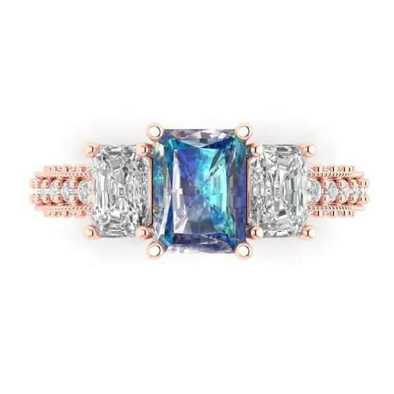 Clara Pucci 14K Rose Gold 3.61ct BlueMoissanite Three-Stone Ring for Women