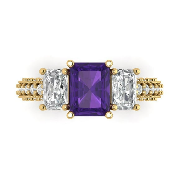 3.61 ct Emerald Cut Natural Amethyst 3 Stone 14K Yellow Gold Womens Engagement Ring