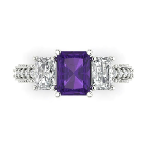 3.61 ct Emerald Cut Natural Amethyst Three-Stone Engagement Ring for Women in 18K White Gold