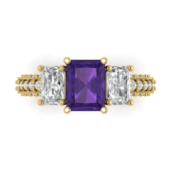 3.61 ct Emerald Cut Natural Amethyst Three-Stone Engagement Ring for Women in 18K Yellow Gold