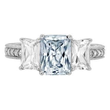 3.61 ct Emerald Cut Natural Aquamarine 3 Stone 14K White Gold Womens Engagement Ring