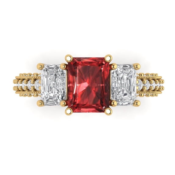 Clara Pucci 14K Yellow Gold Solid Gold Garnet Three-Stone Anniversary Ring for Women - 3.61 cttw Emerald Cut