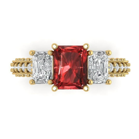 3.61 ct Emerald Cut Natural Garnet Three-Stone Engagement Ring for Women in 18K Yellow Gold