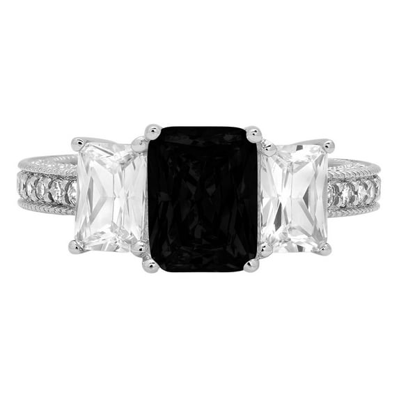 3.61 ct Emerald Cut Natural Onyx 3 Stone 18K White Gold Womens Engagement Ring