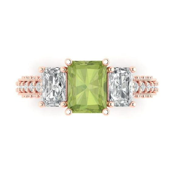 3.61 ct Emerald Cut Natural Peridot 3 Stone 14K Rose Gold Womens Engagement Ring