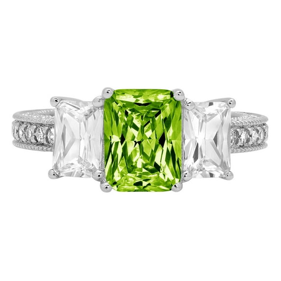 3.61 ct Emerald Cut Natural Peridot 3 Stone 18K White Gold Womens Engagement Ring