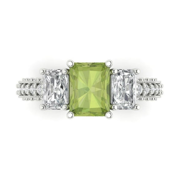 3.61 ct Emerald Cut Natural Peridot Three-Stone Engagement Ring for Women in 18K White Gold