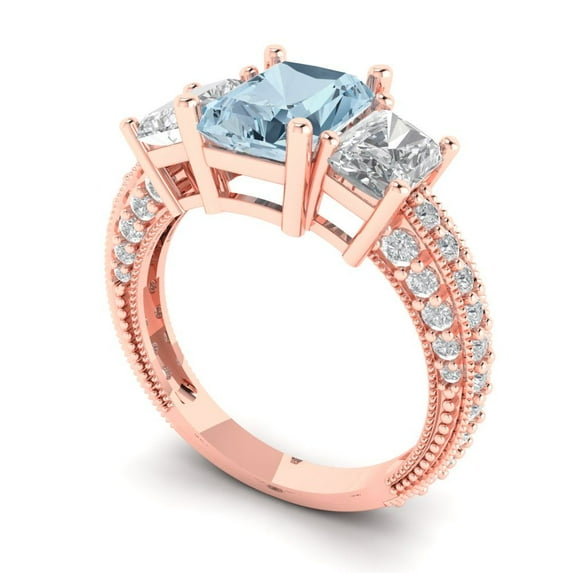 3.61 ct Emerald Cut Natural Swiss Blue Topaz Three-Stone Engagement Ring for Women in 14K Rose Gold