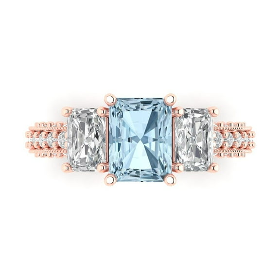 3.61 ct Emerald Cut Natural Swiss Blue Topaz Three-Stone Engagement Ring for Women in 18K Rose Gold